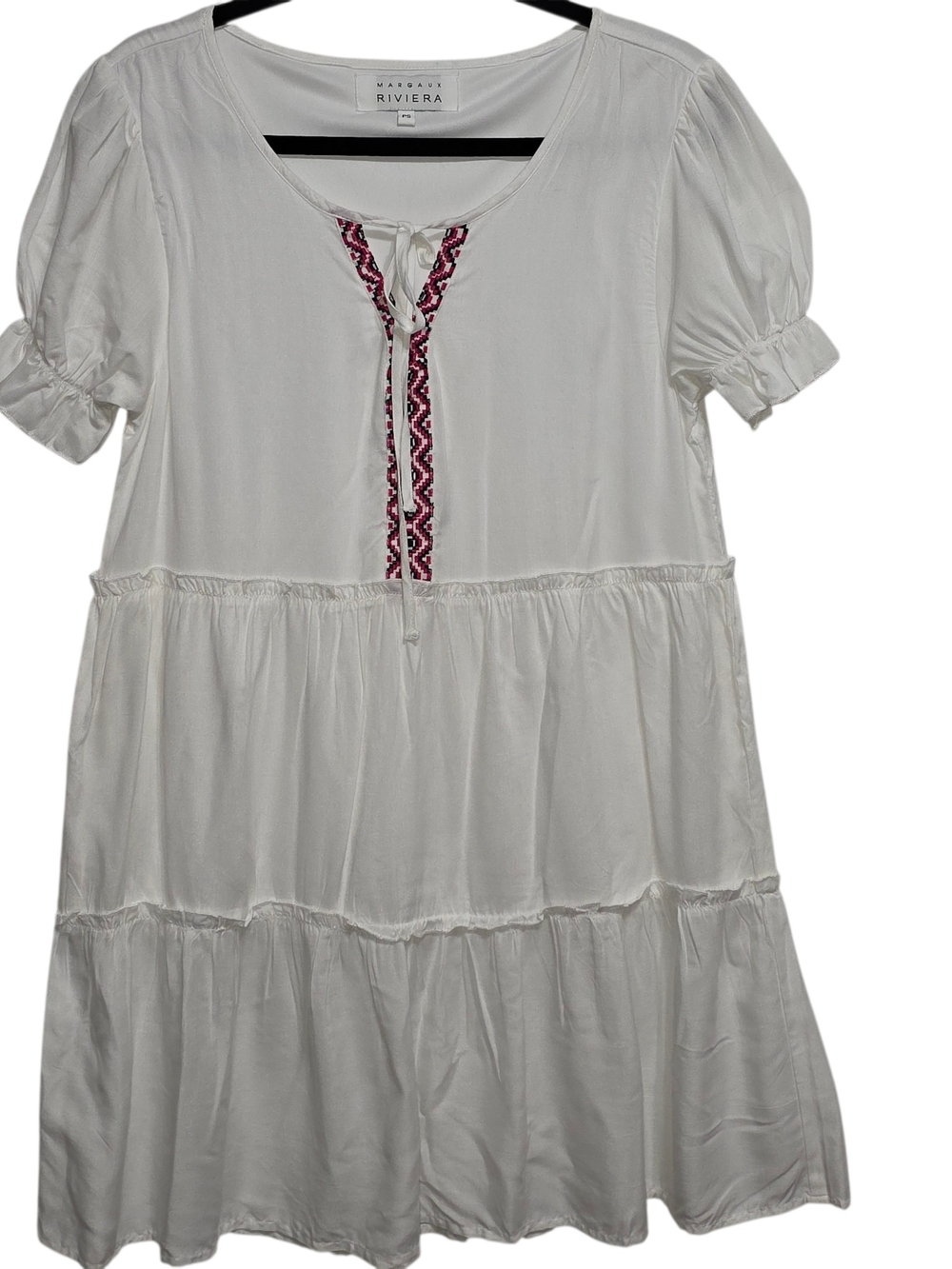 Margaux Riviera White Boho Puff Sleeve Tiered Mini Dress Petite Small - Picture 2 of 10